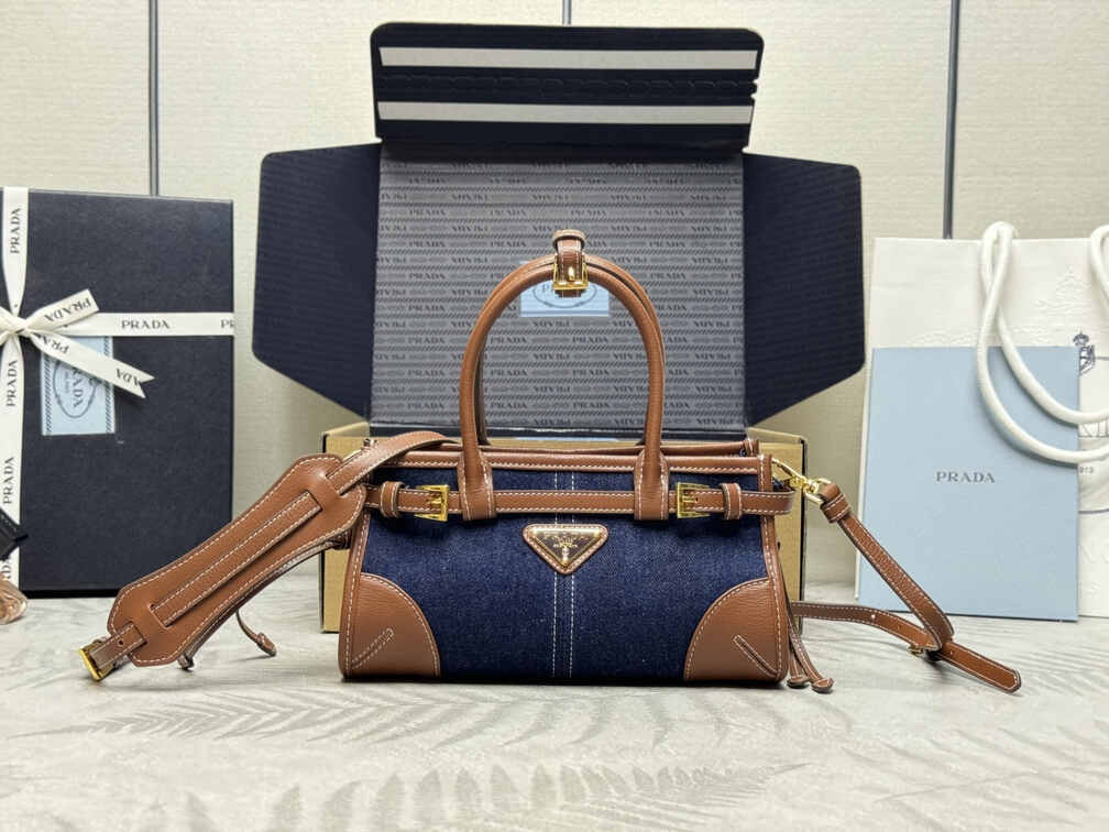 Prada Denim and Leather East-West Top Handle Bag with Buckle Details